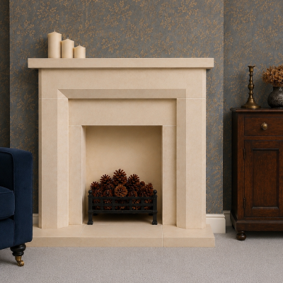 Hand carved English solid natural Bath stone fireplace surround - The Citrine can be made to measure  Choice of Bath stone or Black riven slate hearths