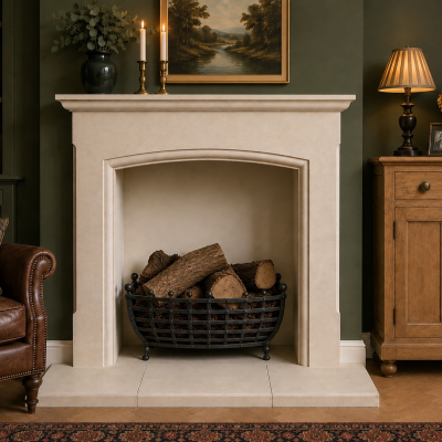 Solid natural Bath stone fireplace complete with 3 piece outer hearths - The Amethyst