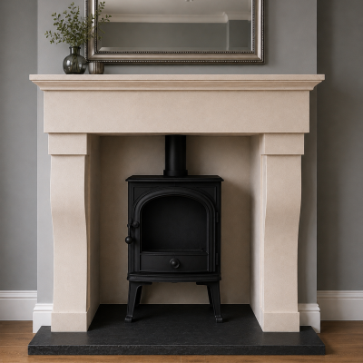 Stone fireplace surround The Aquamarine - hand crafted from Bath stone and made to measure service