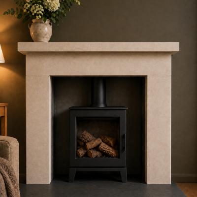 Hand carved natural Bath stone fireplace surround The Jade - can be made to measure   Option of solid Bath hearths or black riven slate hearths