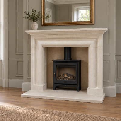 Hand carved solid natural English stone surround fireplace complete with outer hearths in stone or riven slate The Tanzanite