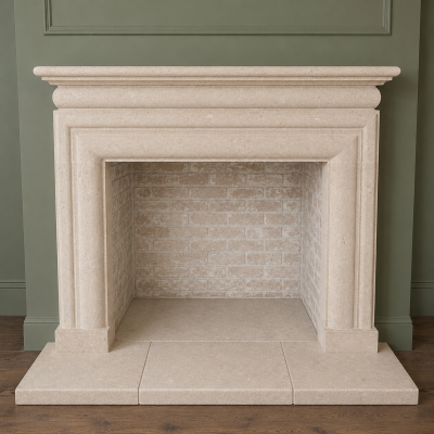 The Topaz Bath stone fireplace with outer hearths